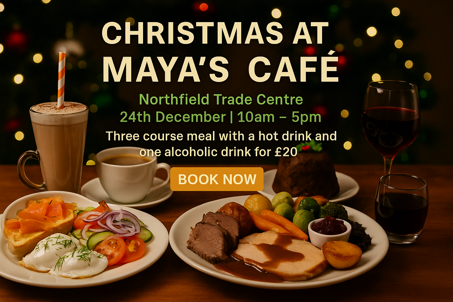 Festive Christmas dinner table at Maya's Café