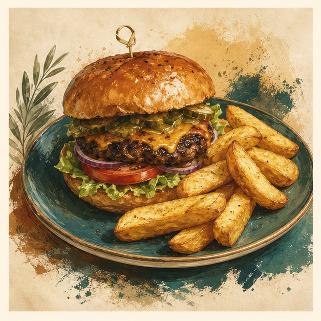 Painted burger artwork for Maya's Cafe